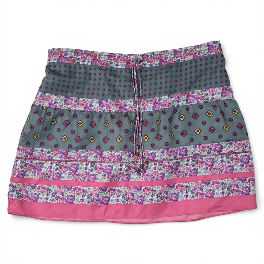 Vintage Juicy Couture Silk Mini Skirt Patchwork Floral Y2K Boho Size M